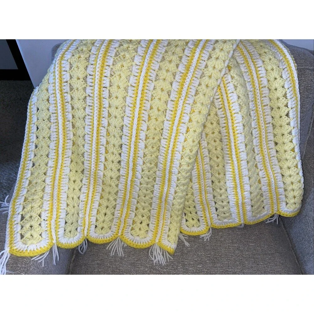Handmade Crochet Throw Lap Blanket Colorful White Yellow 54x36